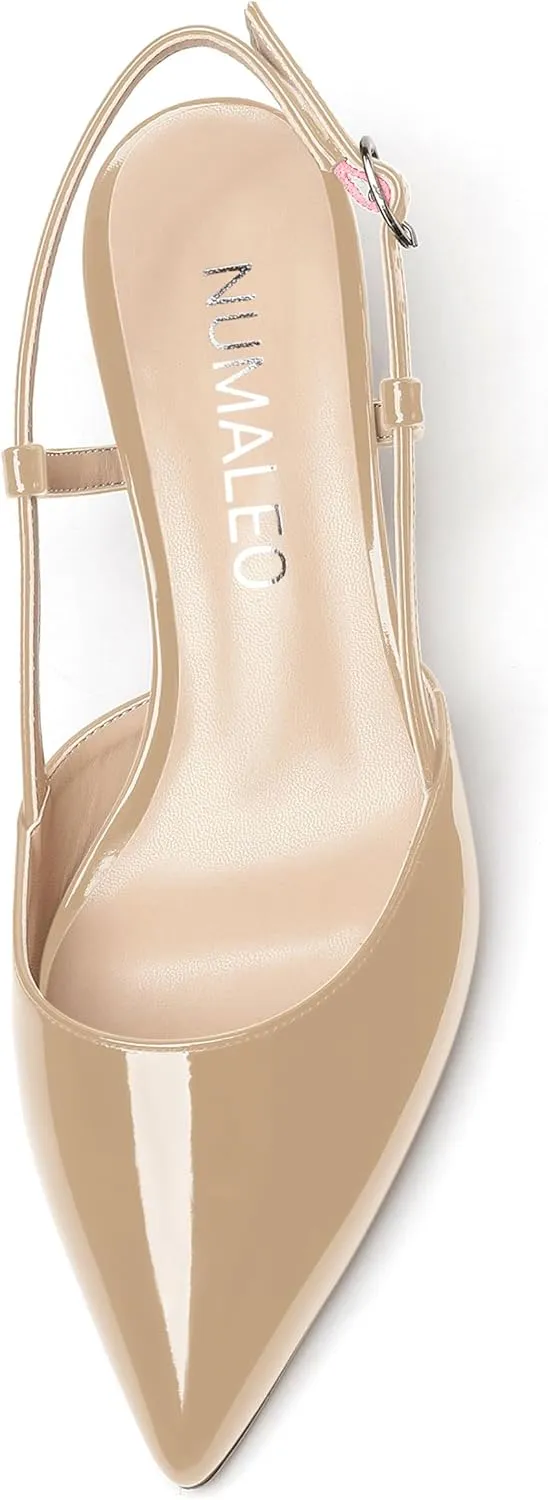 NUMALEO Womens Pointed Toe Buckle Fashion Patent Wedding Dress Slingback Kitten Low Heel Pumps Shoes 2 Inch