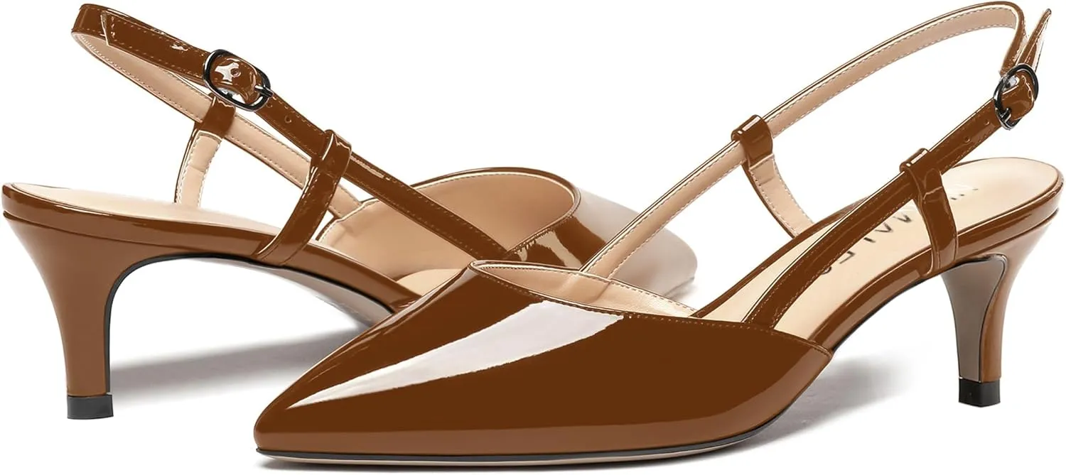NUMALEO Womens Pointed Toe Buckle Fashion Patent Wedding Dress Slingback Kitten Low Heel Pumps Shoes 2 Inch
