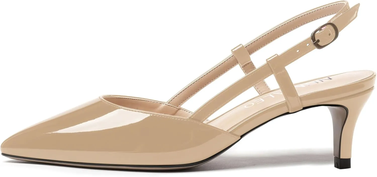 NUMALEO Womens Pointed Toe Buckle Fashion Patent Wedding Dress Slingback Kitten Low Heel Pumps Shoes 2 Inch