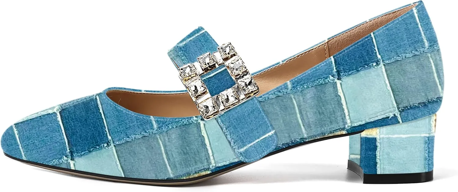 NUMALEO Womens Rhinestone Ankle Strap Wedding Dress Square Toe Patent Bungee Solid Chunky Low Heel Pumps Shoes 1.5 Inch