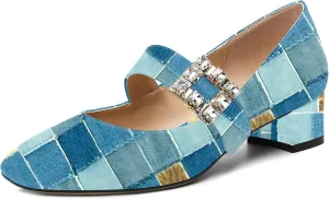 NUMALEO Womens Rhinestone Ankle Strap Wedding Dress Square Toe Patent Bungee Solid Chunky Low Heel Pumps Shoes 1.5 Inch