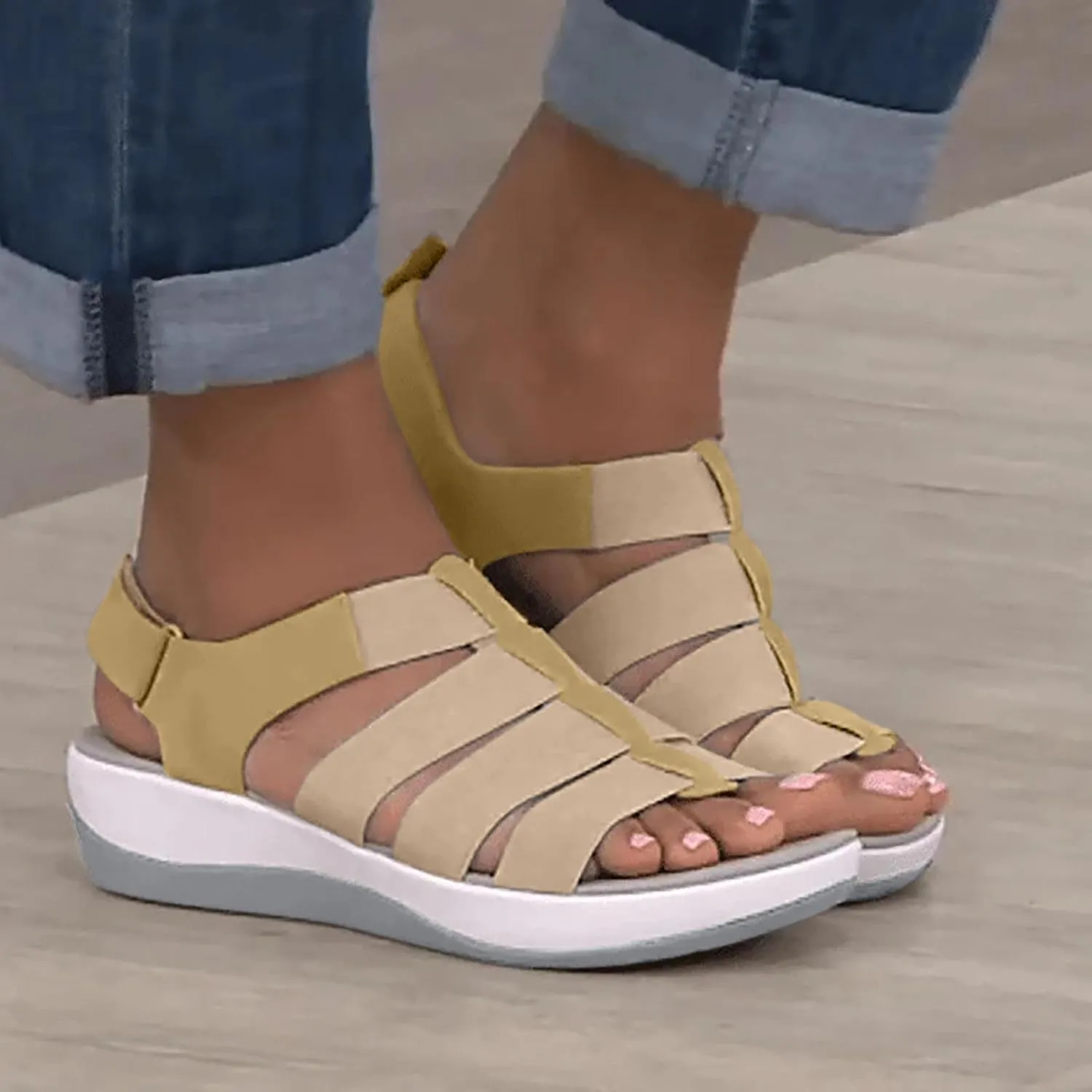 oiangi Comfortable Wedges Sandals for Women Platform Slipper Summer Casual Round Toe Open Toe Straps Hook and Loop Sandals Lightweight Outdoor Shoes