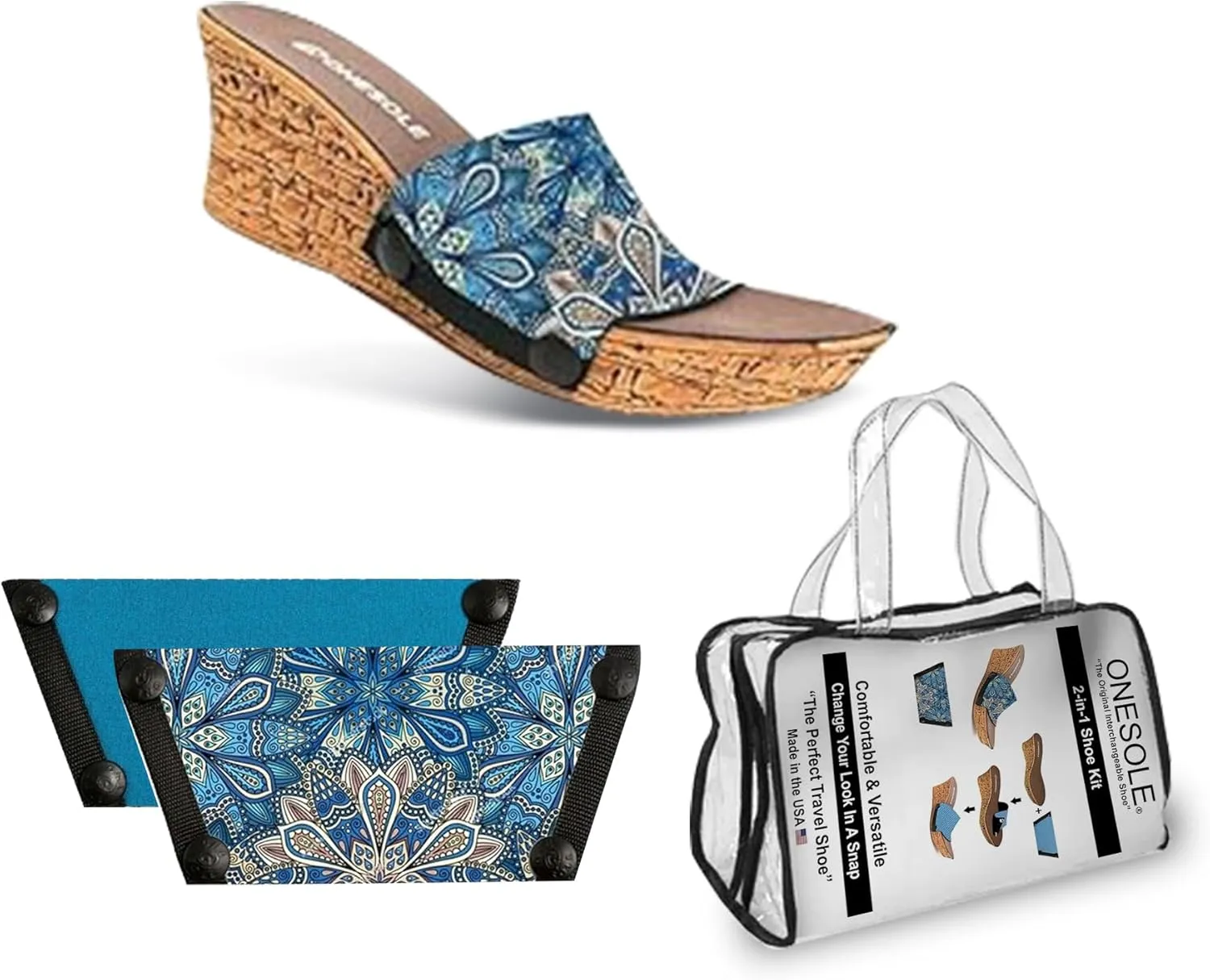 Onesole Casual Cork Travel Shoe Kit, Interchangeable Faux cork wedges, pair of Blue Flower print interchangeable neoprene Tops, and Dusky Blue, Tops for women's wedge Sandals, As Seen on Shark Tank (Size 6)