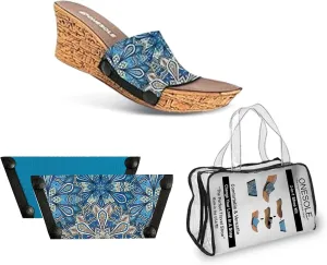 Onesole Casual Cork Travel Shoe Kit, Interchangeable Faux cork wedges, pair of Blue Flower print interchangeable neoprene Tops, and Dusky Blue, Tops for women's wedge Sandals, As Seen on Shark Tank (Size 6)