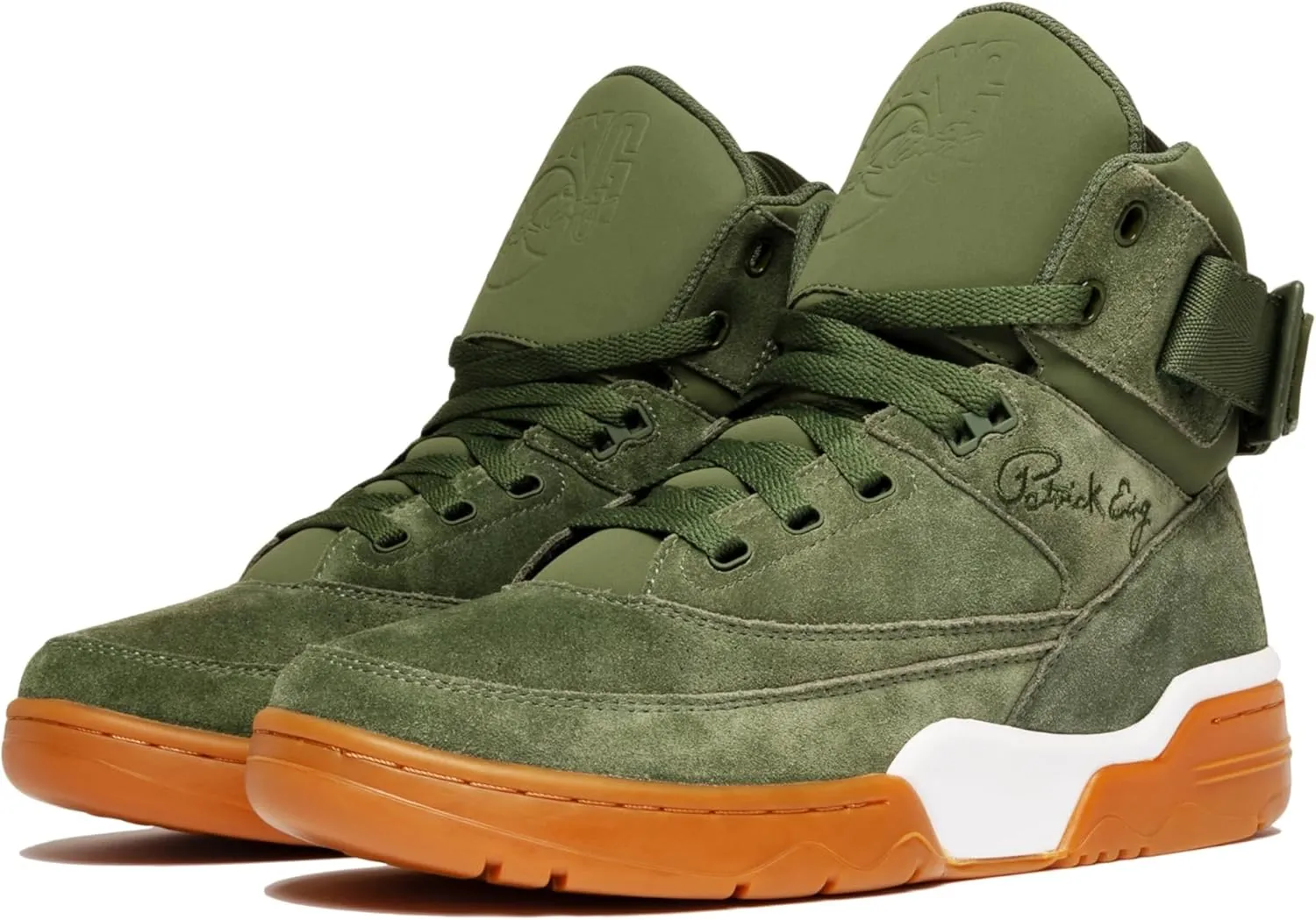PATRICK EWING Athletics 33 HI Chive Green/White/Gum Retro Sneakers Premium Suede Upper Classic Gum Sole