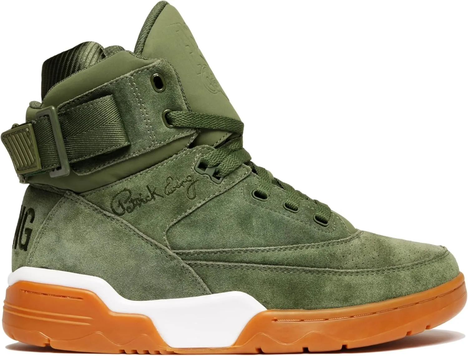 PATRICK EWING Athletics 33 HI Chive Green/White/Gum Retro Sneakers Premium Suede Upper Classic Gum Sole