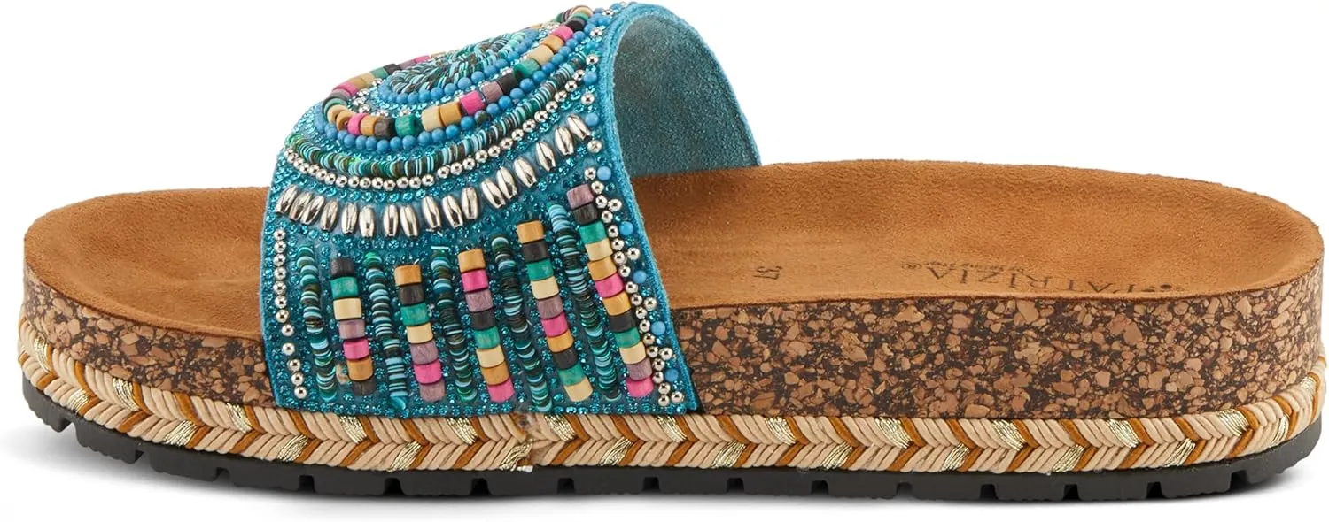 PATRIZIA Women's SWIRLA Multicolor Beaded One-Band Slide Cork Wedge Sandals