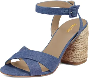 Pazzion Women Open Round Toe Block Heeled Sandals Crossover Straps Buckle Up High Heel Pumps Fashion Summer Evening Shoes Size 4-16 US