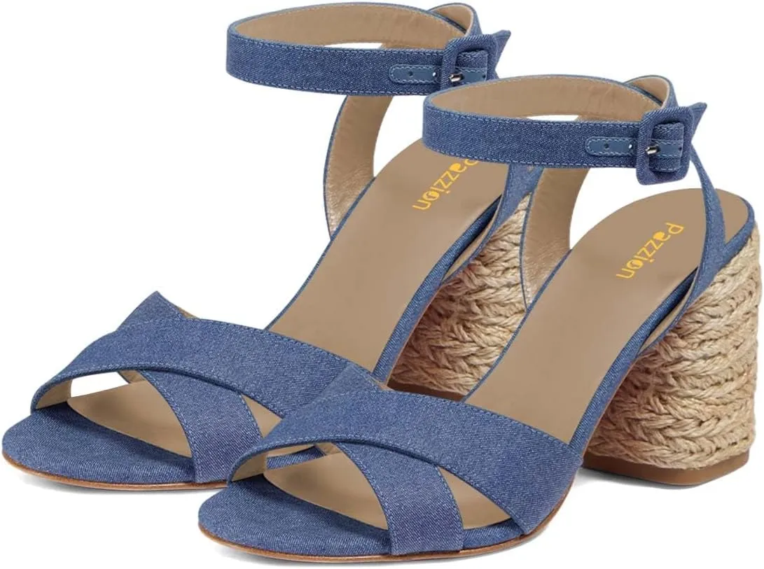 Pazzion Women Open Round Toe Block Heeled Sandals Crossover Straps Buckle Up High Heel Pumps Fashion Summer Evening Shoes Size 4-16 US