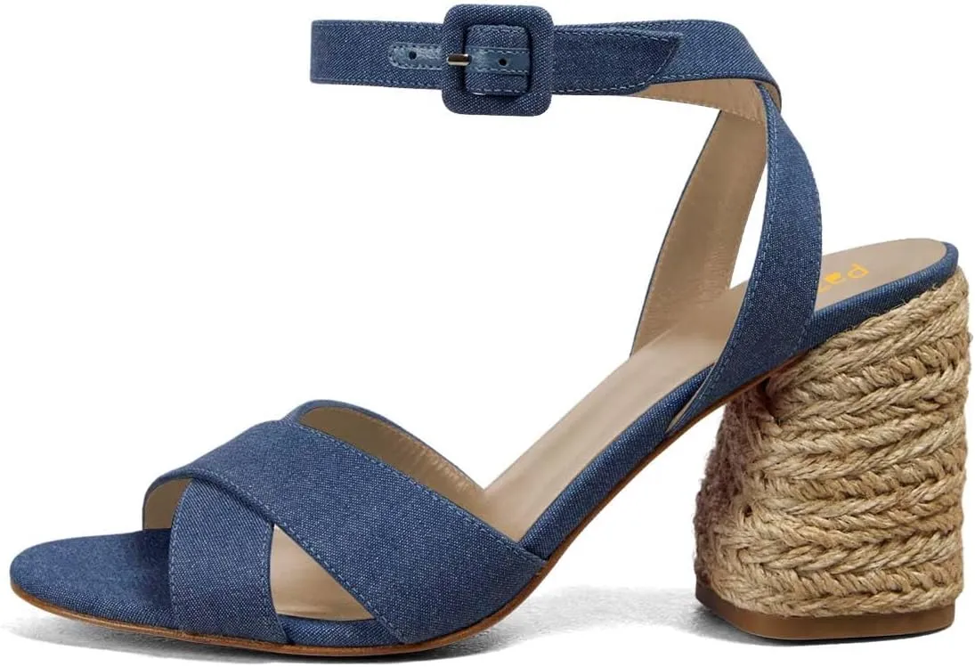 Pazzion Women Open Round Toe Block Heeled Sandals Crossover Straps Buckle Up High Heel Pumps Fashion Summer Evening Shoes Size 4-16 US
