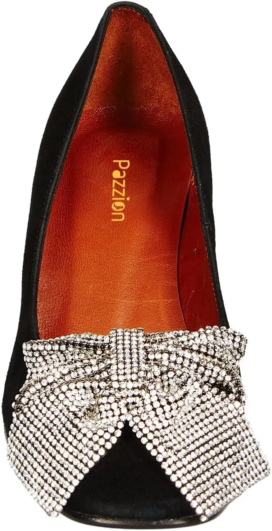 Pazzion Women Sparkly Rhinestone Bows Chunky Heel Pumps Slip On Closed Round Toe High Heels Casual Club Prom Wedding Shoes Size 4-16 US