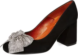 Pazzion Women Sparkly Rhinestone Bows Chunky Heel Pumps Slip On Closed Round Toe High Heels Casual Club Prom Wedding Shoes Size 4-16 US