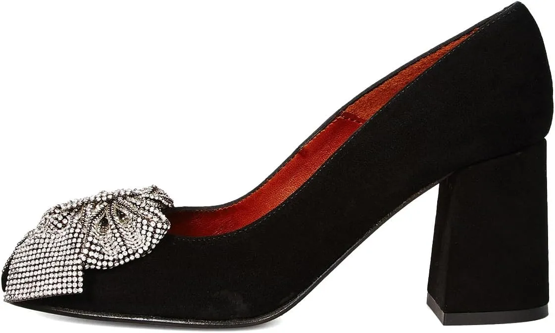Pazzion Women Sparkly Rhinestone Bows Chunky Heel Pumps Slip On Closed Round Toe High Heels Casual Club Prom Wedding Shoes Size 4-16 US