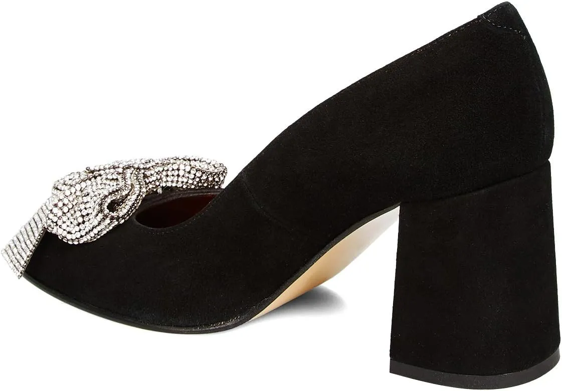 Pazzion Women Sparkly Rhinestone Bows Chunky Heel Pumps Slip On Closed Round Toe High Heels Casual Club Prom Wedding Shoes Size 4-16 US