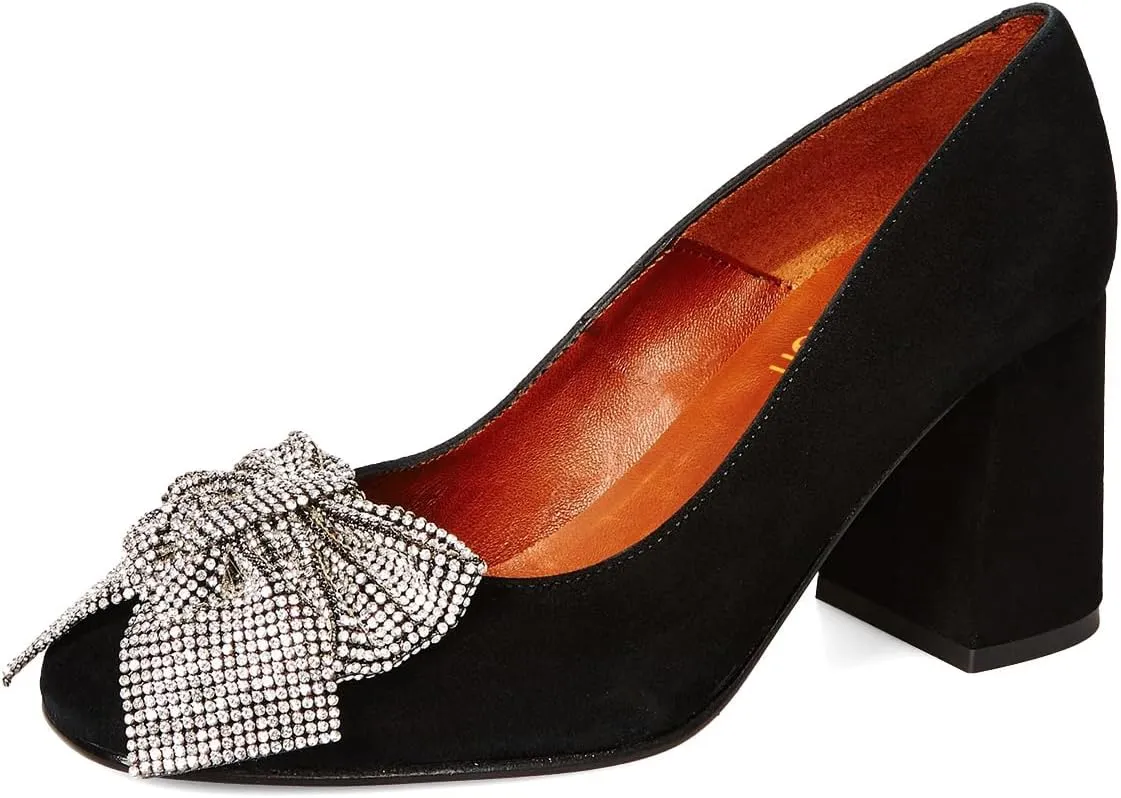 Pazzion Women Sparkly Rhinestone Bows Chunky Heel Pumps Slip On Closed Round Toe High Heels Casual Club Prom Wedding Shoes Size 4-16 US