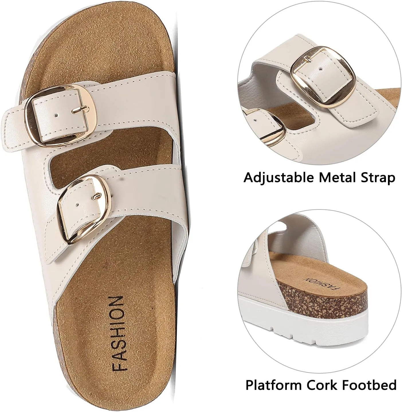 Platform Sandals Women With Cork Footbed, Non Slip On Slides With Adjustable Double Buckle, Open Toe Summer Chunky Shoes With Memory Foam Insole Wedge