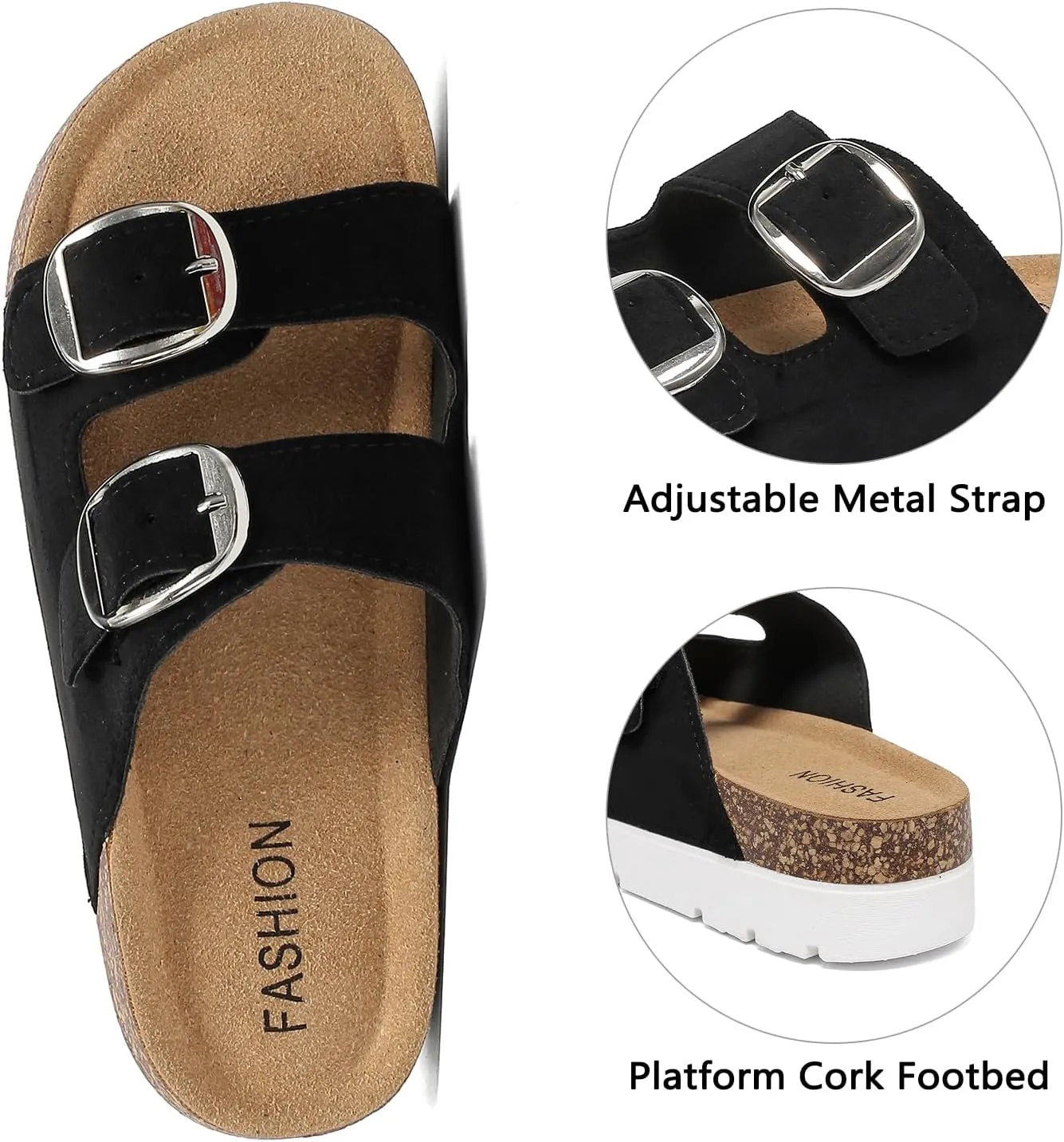 Platform Sandals Women With Cork Footbed, Non Slip On Slides With Adjustable Double Buckle, Open Toe Summer Chunky Shoes With Memory Foam Insole Wedge