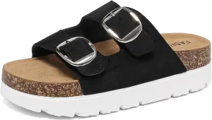 Platform Sandals Women With Cork Footbed, Non Slip On Slides With Adjustable Double Buckle, Open Toe Summer Chunky Shoes With Memory Foam Insole Wedge