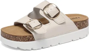 Platform Sandals Women With Cork Footbed, Non Slip On Slides With Adjustable Double Buckle, Open Toe Summer Chunky Shoes With Memory Foam Insole Wedge