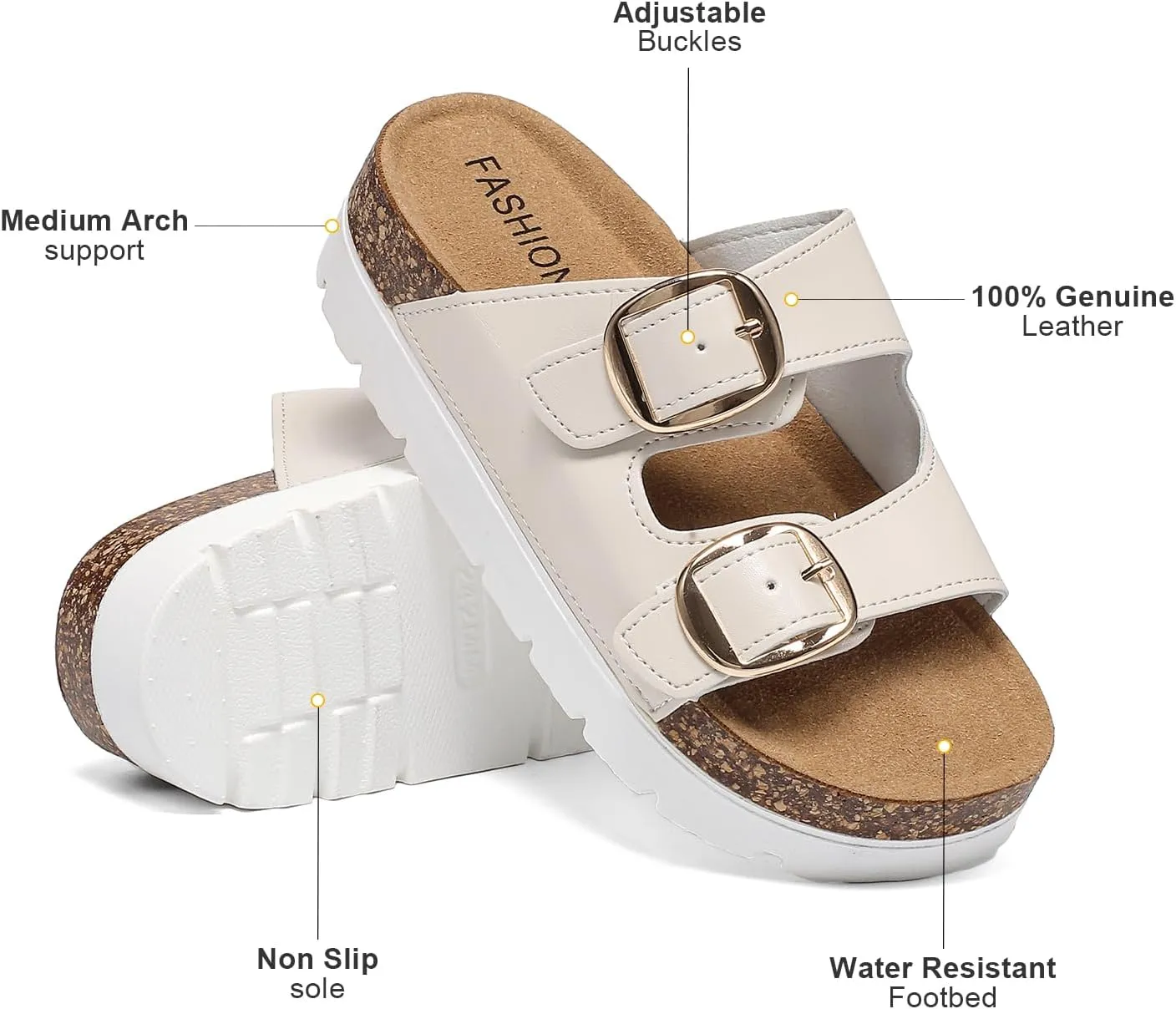Platform Sandals Women With Cork Footbed, Non Slip On Slides With Adjustable Double Buckle, Open Toe Summer Chunky Shoes With Memory Foam Insole Wedge