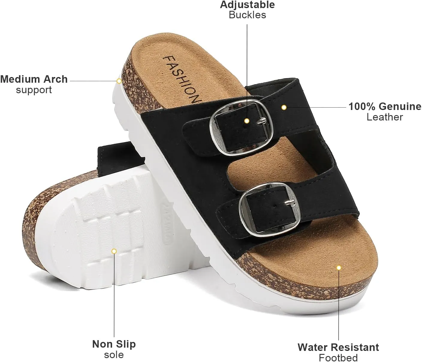 Platform Sandals Women With Cork Footbed, Non Slip On Slides With Adjustable Double Buckle, Open Toe Summer Chunky Shoes With Memory Foam Insole Wedge