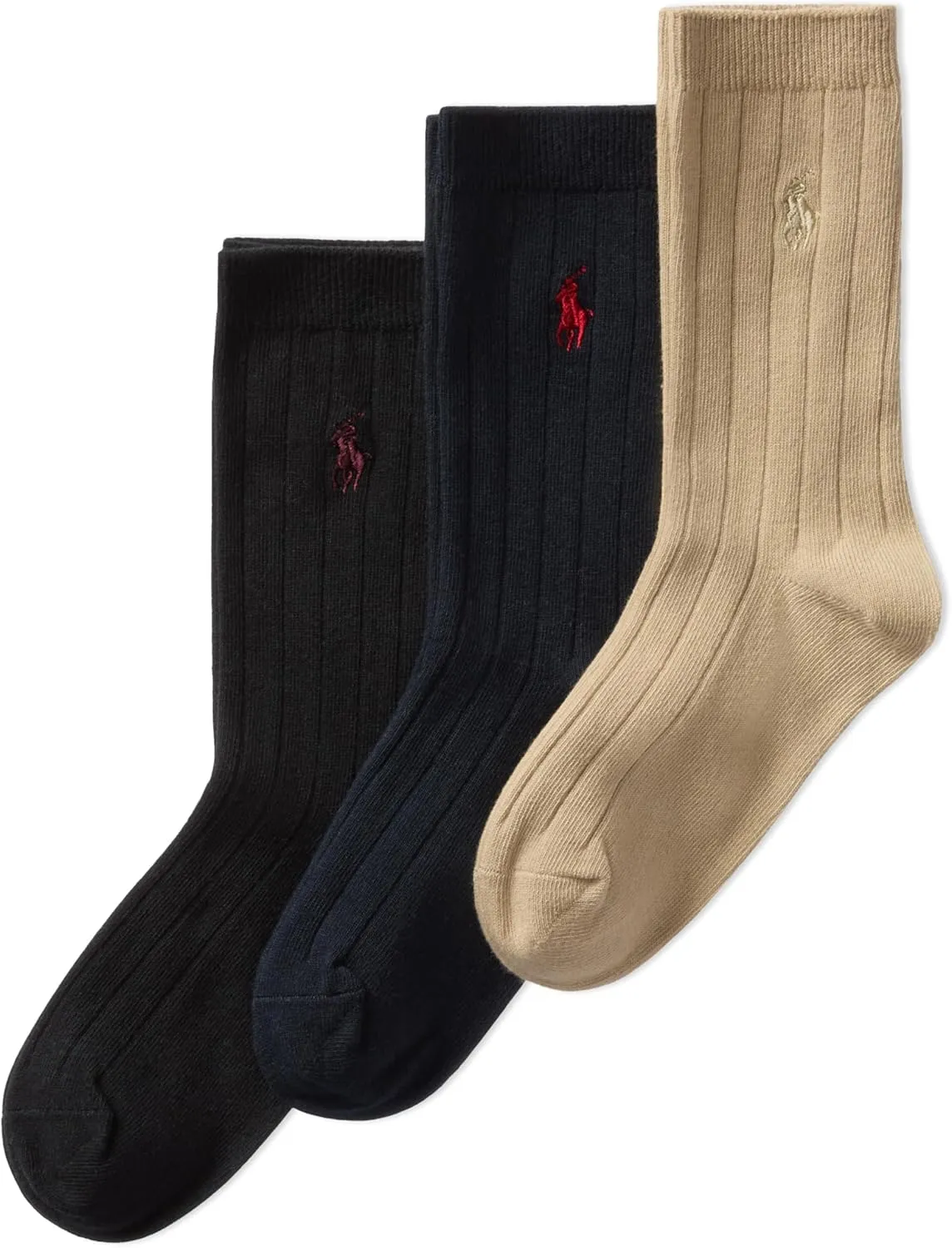 POLO RALPH LAUREN Boys Classic Solid Rib Dress Crew Socks 3 Pair Pack Sustainable Cotton Comfort
