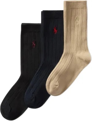 POLO RALPH LAUREN Boys Classic Solid Rib Dress Crew Socks 3 Pair Pack Sustainable Cotton Comfort