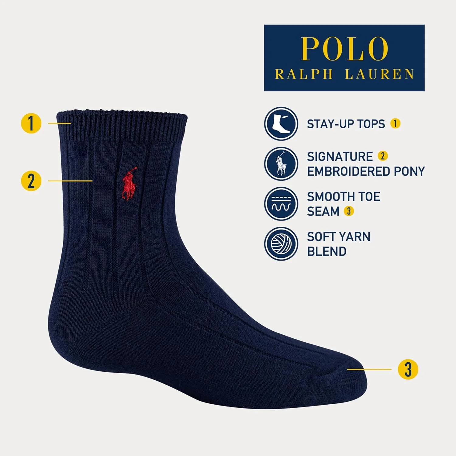 POLO RALPH LAUREN Boys Classic Solid Rib Dress Crew Socks 3 Pair Pack Sustainable Cotton Comfort