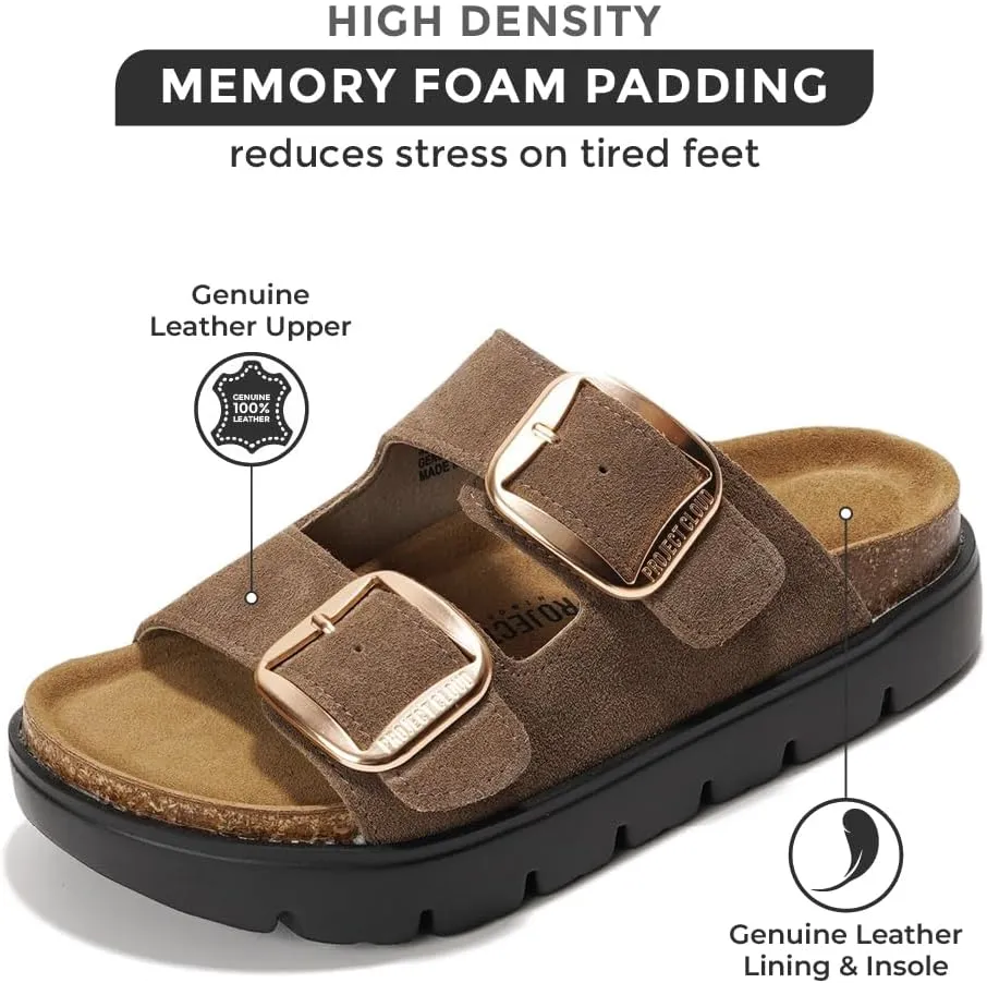 Project Cloud Genuine Leather Platform Sandals Women Footwear - Wedge Chunky Sandals Womens sandals with Memory Foam Insole and Cork Footbed (GREECECHUNKY)