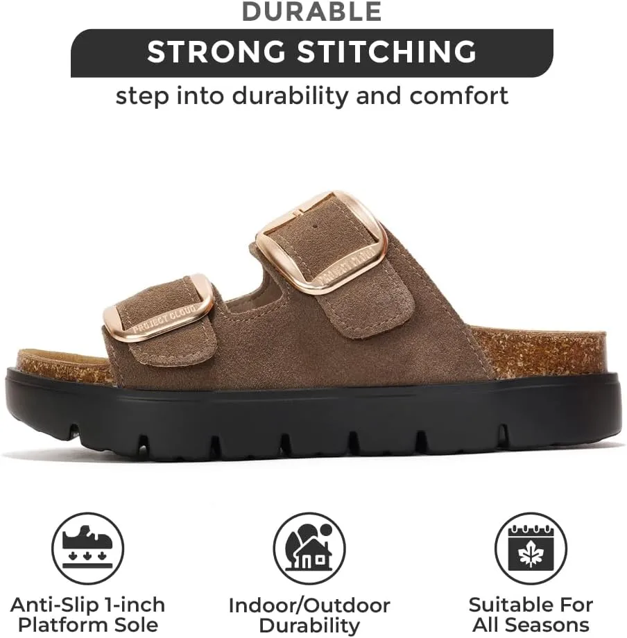 Project Cloud Genuine Leather Platform Sandals Women Footwear - Wedge Chunky Sandals Womens sandals with Memory Foam Insole and Cork Footbed (GREECECHUNKY)