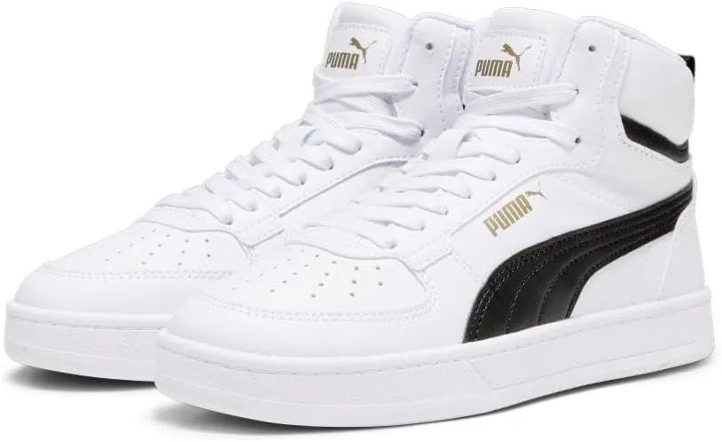 PUMA Unisex-Child Shoes Caven 2.0 Mid Sneaker, White Black-Gold, 5 US Big Kid