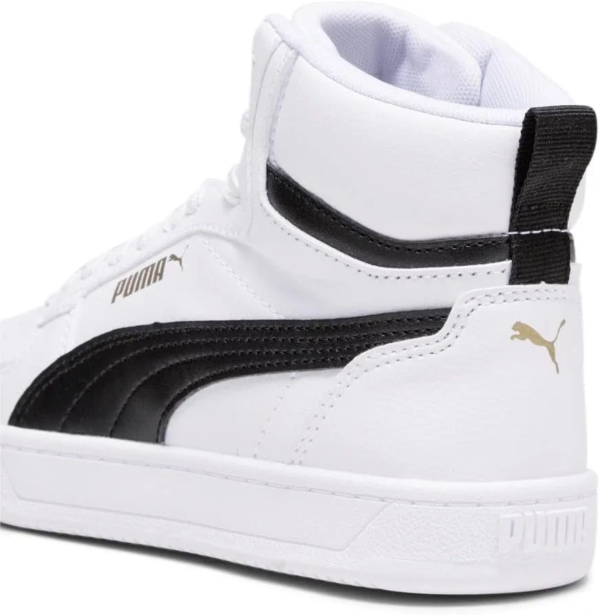 PUMA Unisex-Child Shoes Caven 2.0 Mid Sneaker, White Black-Gold, 5 US Big Kid