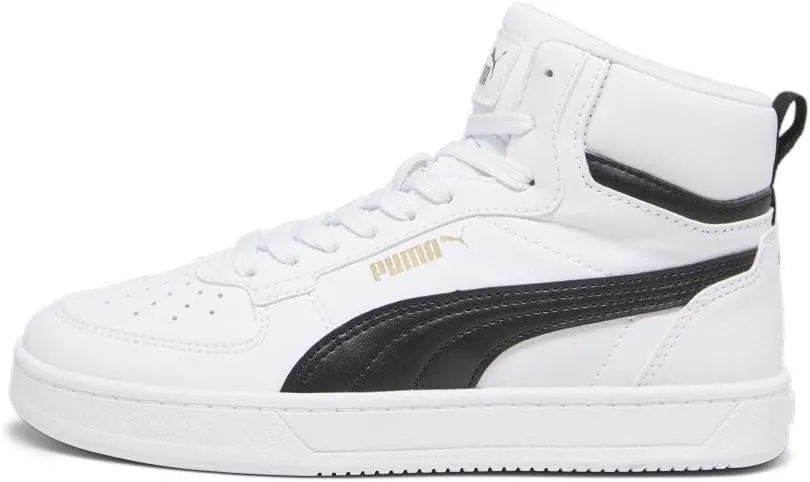 PUMA Unisex-Child Shoes Caven 2.0 Mid Sneaker, White Black-Gold, 5 US Big Kid