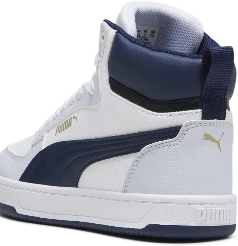 PUMA Unisex-Child Shoes Caven 2.0 Mid Sneaker, White Black-Gold, 5 US Big Kid