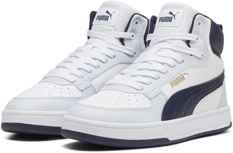 PUMA Unisex-Child Shoes Caven 2.0 Mid Sneaker, White Black-Gold, 5 US Big Kid