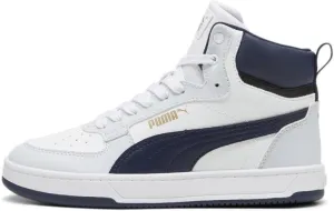 PUMA Unisex-Child Shoes Caven 2.0 Mid Sneaker, White Black-Gold, 5 US Big Kid