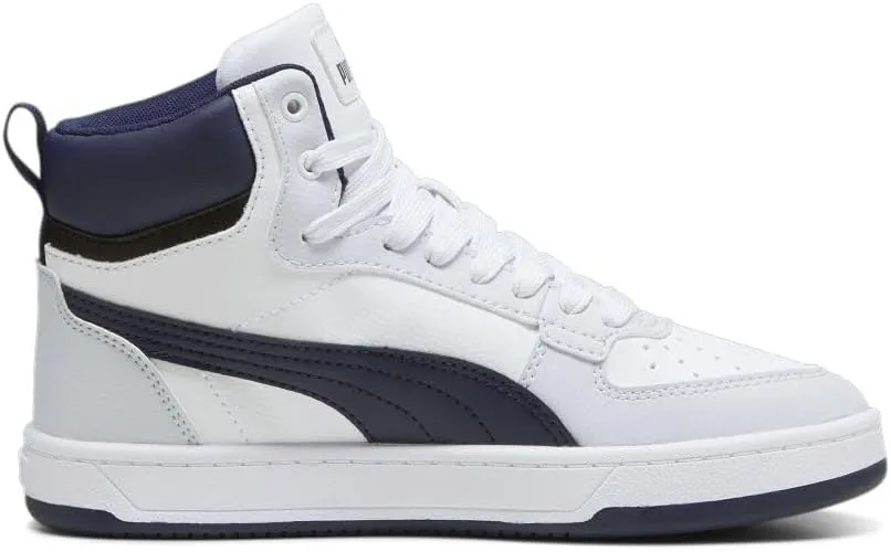 PUMA Unisex-Child Shoes Caven 2.0 Mid Sneaker, White Black-Gold, 5 US Big Kid