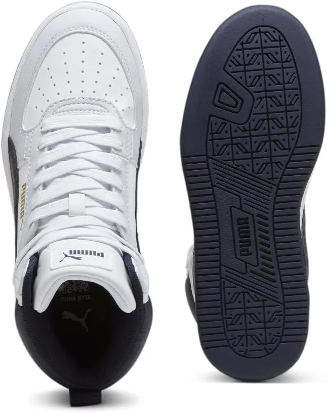 PUMA Unisex-Child Shoes Caven 2.0 Mid Sneaker, White Black-Gold, 5 US Big Kid