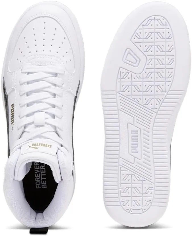 PUMA Unisex-Child Shoes Caven 2.0 Mid Sneaker, White Black-Gold, 5 US Big Kid