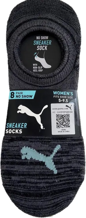 PUMA Women's 8 Pair No Show Sneaker Socks, Black, 5-9.5