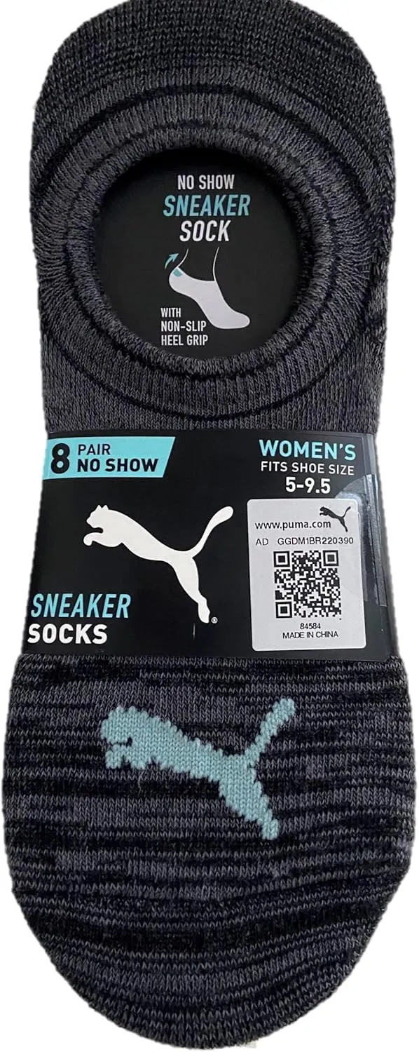 PUMA Women's 8 Pair No Show Sneaker Socks, Black, 5-9.5
