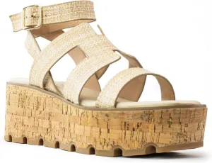 RF ROOM OF FASHION Women's Trendy Cutout Band Ankle Buckle Strap Cork Platform Wedge Sandals