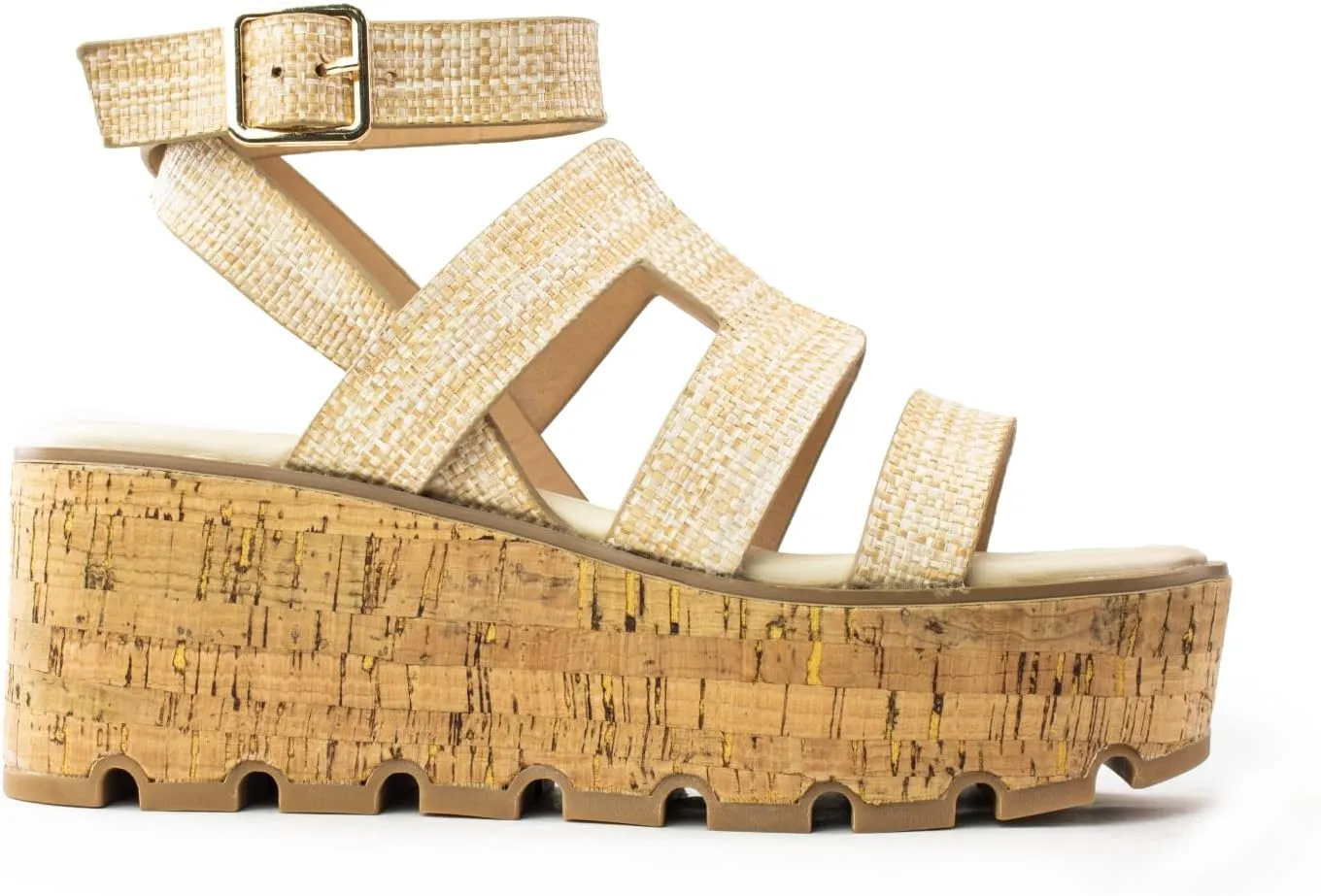 RF ROOM OF FASHION Women's Trendy Cutout Band Ankle Buckle Strap Cork Platform Wedge Sandals