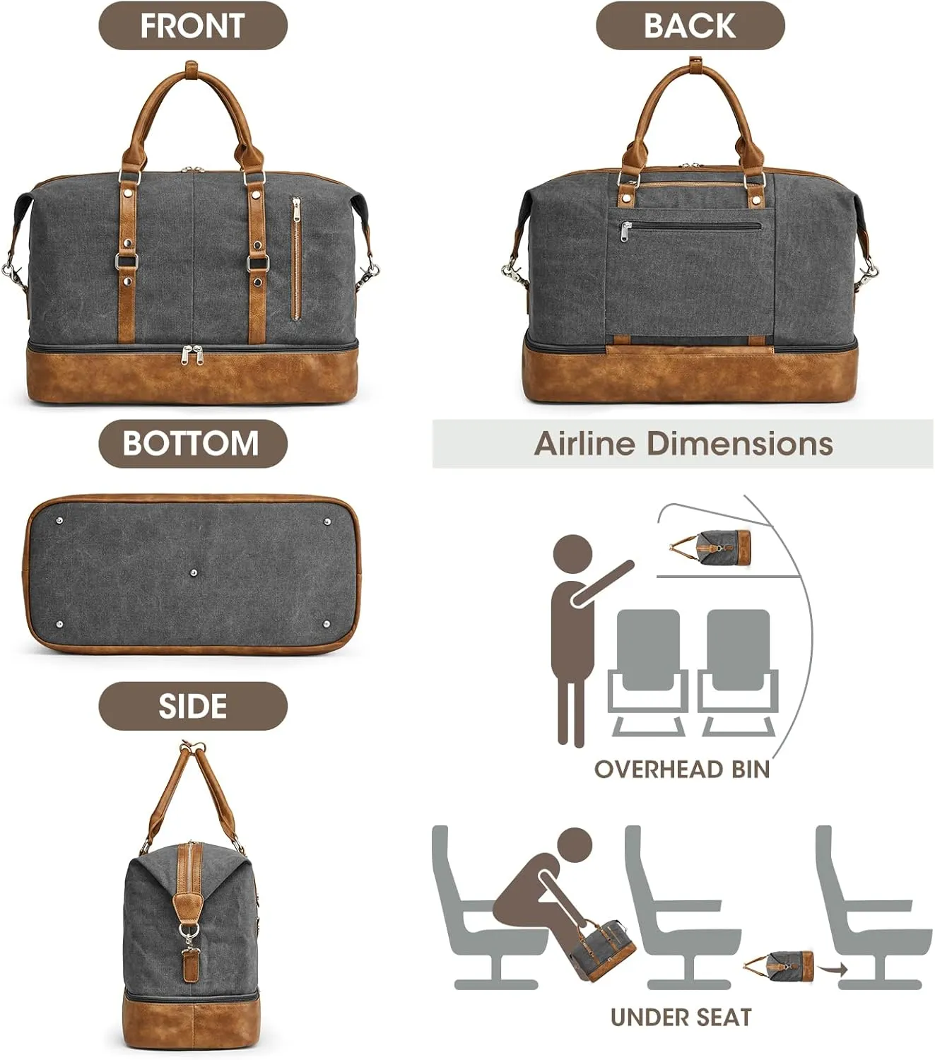 S-ZONE Weekender Bag for Men Canvas Duffle Large Weekend Overnight Travel Carry On Tote Bag with Shoe Compartment (Grey)