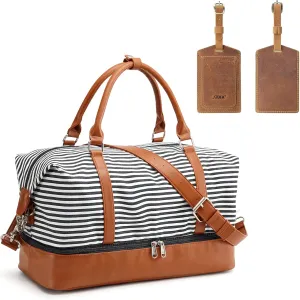 S-ZONE Women Canvas Weekender Bag Overnight with Leather Luggage Label Tags