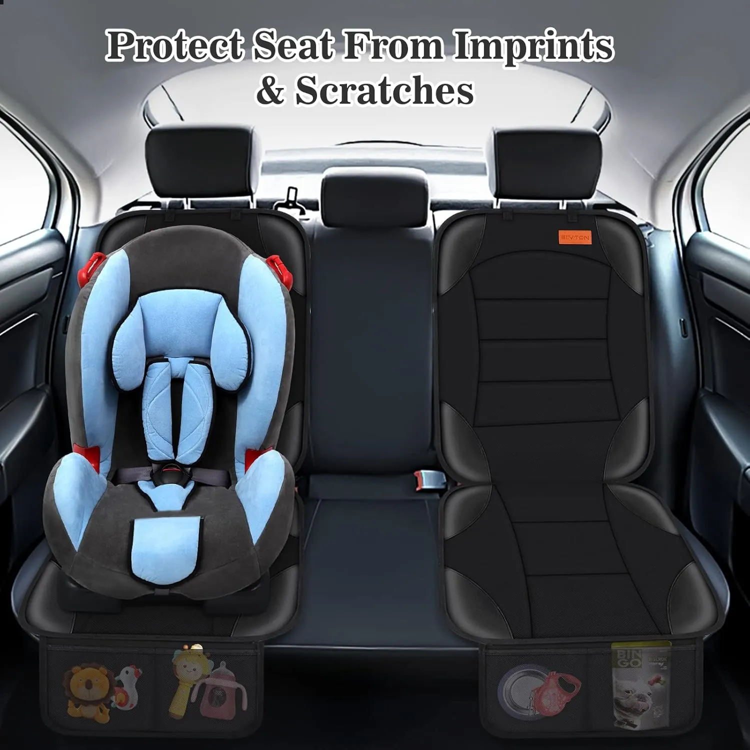 Siivton Car Seat Protector for Child Seat Cushion for Leather and Fabric Seats, 2 Mesh Pockets, Non-Slip Backing, Carseat Protectors for Vehicles, Baby, Pets (2 Pack)