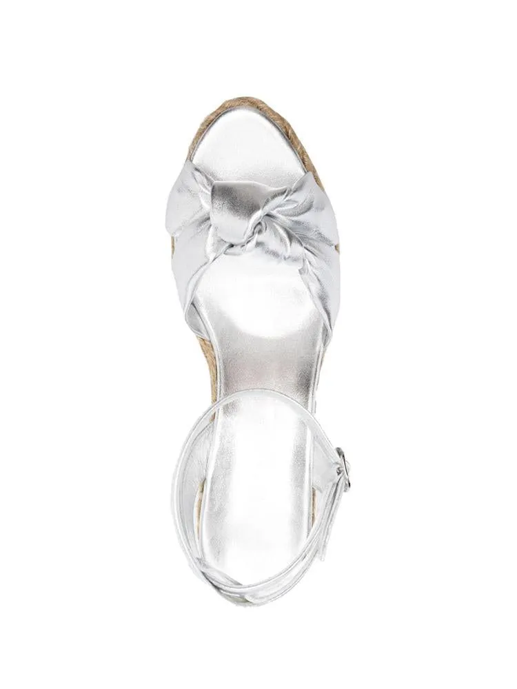 Silver Metallic Bright Surface Tie A Knot Open-toe Espadrille Wedge Sandals With Buckle Ankle Strap