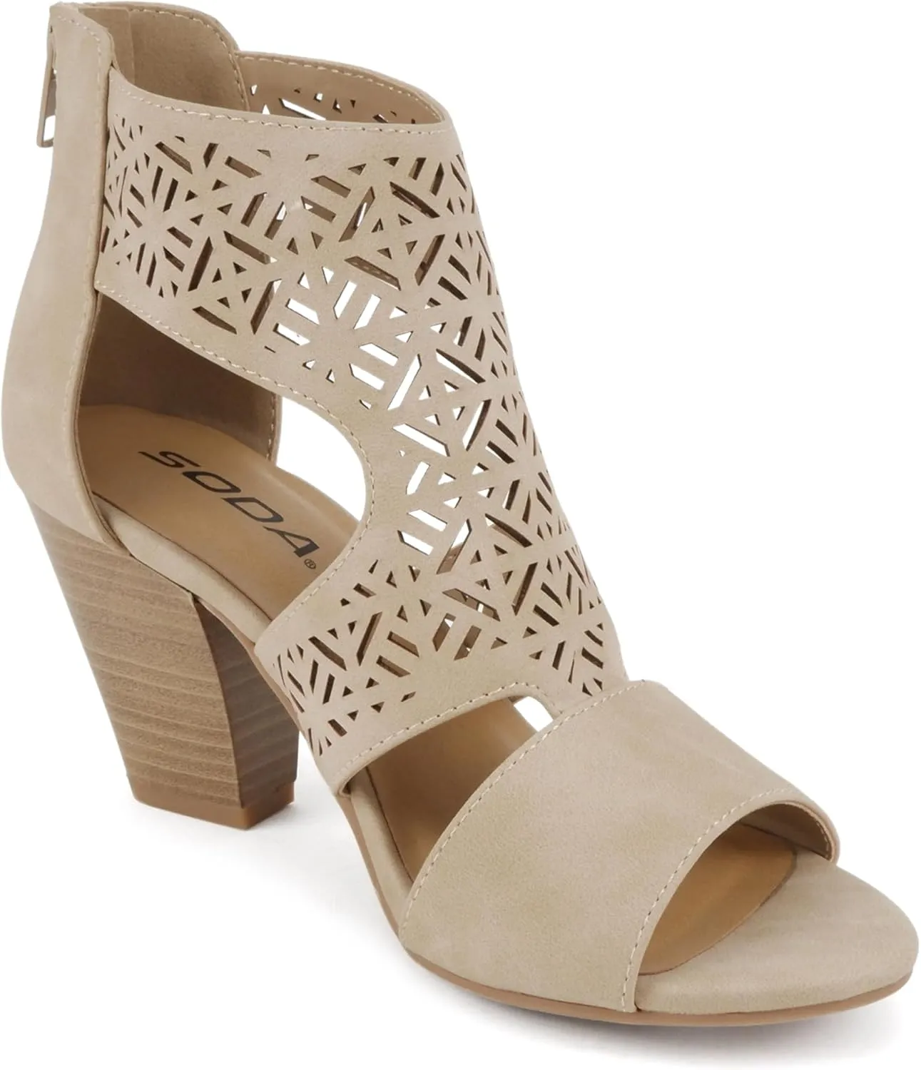 Soda “Amicia” ~ Women Round Peep Toe Single Band Geometric Cutout Low Block Heel Sandal with Back Zipper