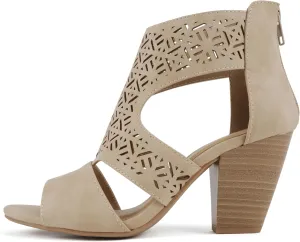 Soda “Amicia” ~ Women Round Peep Toe Single Band Geometric Cutout Low Block Heel Sandal with Back Zipper