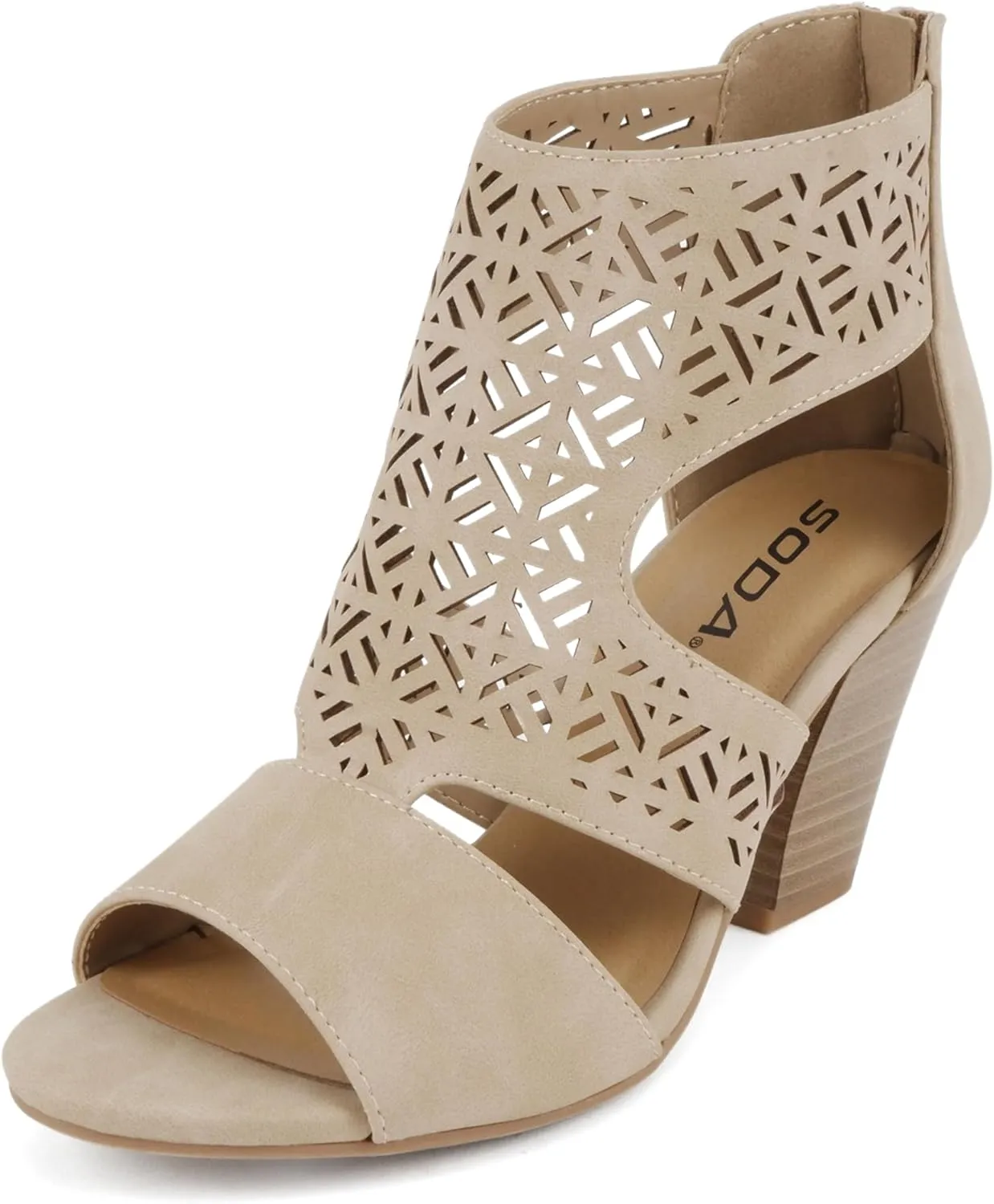 Soda “Amicia” ~ Women Round Peep Toe Single Band Geometric Cutout Low Block Heel Sandal with Back Zipper